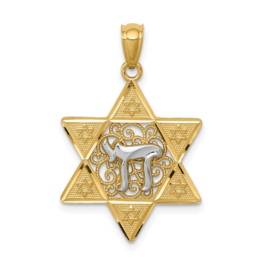 14k Two-tone Gold Gold Polished Star of David w/Chai Pendant