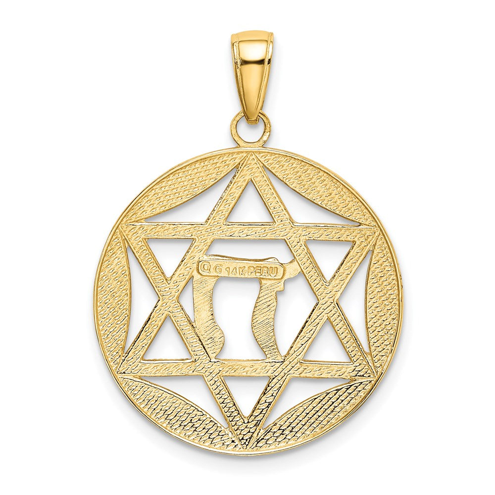 14k Yellow & Rhodium Gold w/Rhodium Polished Star of David w/Chai Round Pendant