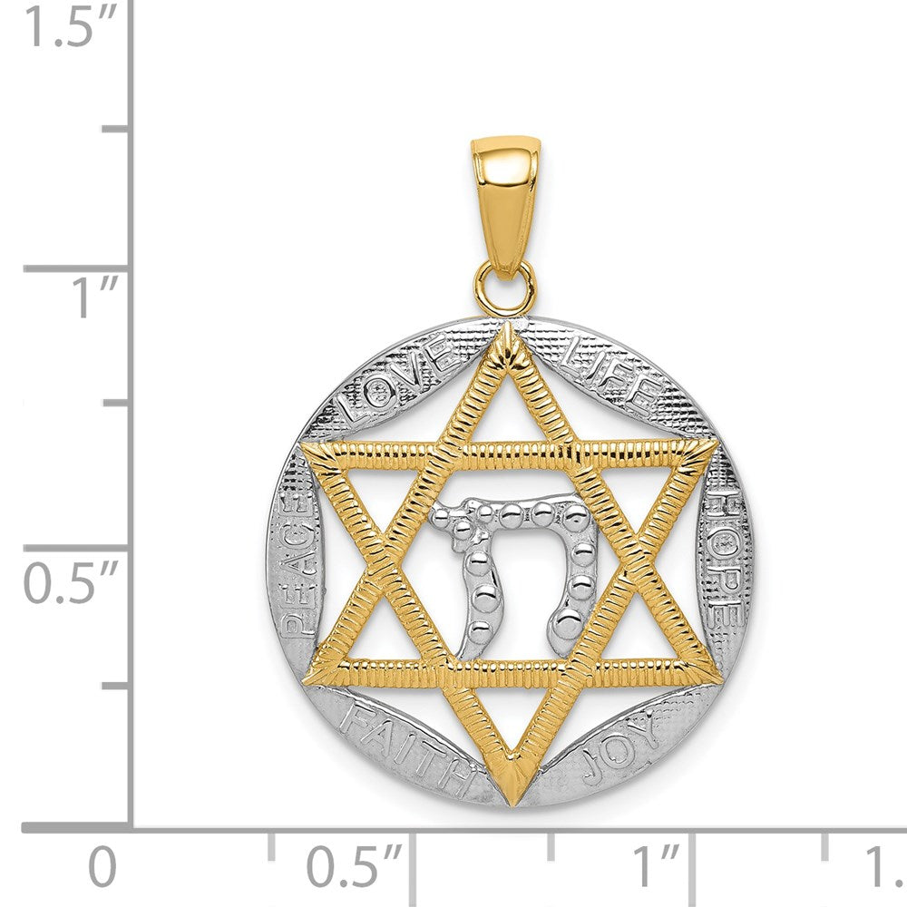 14k Yellow & Rhodium Gold w/Rhodium Polished Star of David w/Chai Round Pendant