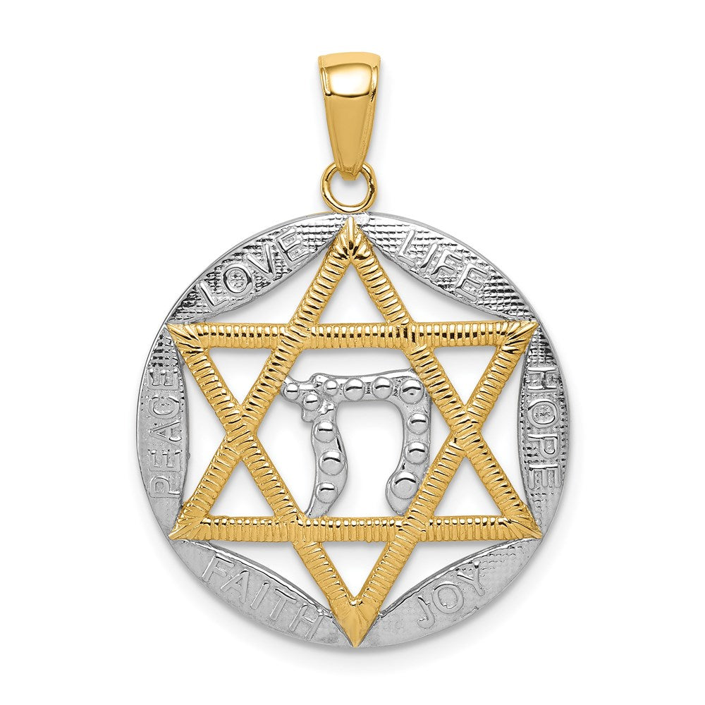 14k Yellow & Rhodium Gold w/Rhodium Polished Star of David w/Chai Round Pendant