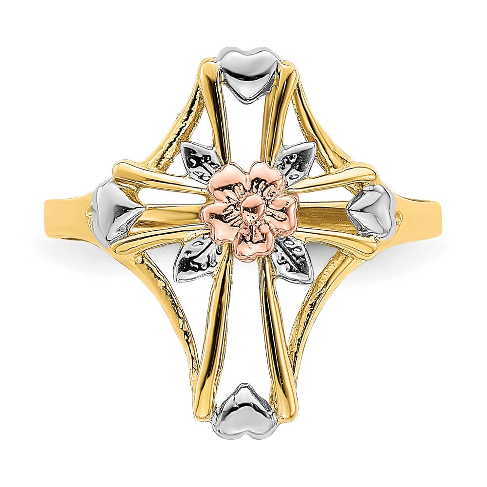 14K Two-Tone Gold W/White Rhodium Polished Cross w/Flower Ring