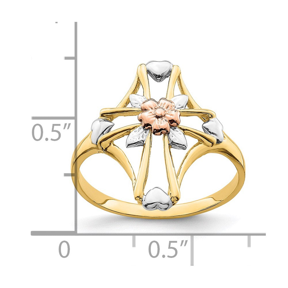 14K Two-Tone Gold W/White Rhodium Polished Cross w/Flower Ring