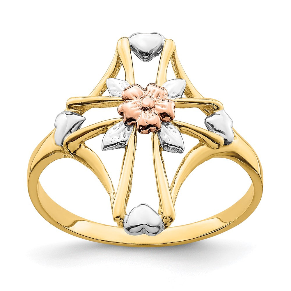 14K Two-Tone Gold W/White Rhodium Polished Cross w/Flower Ring