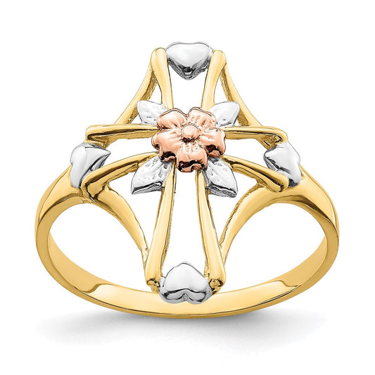 14K Two-Tone Gold W/White Rhodium Polished Cross w/Flower Ring