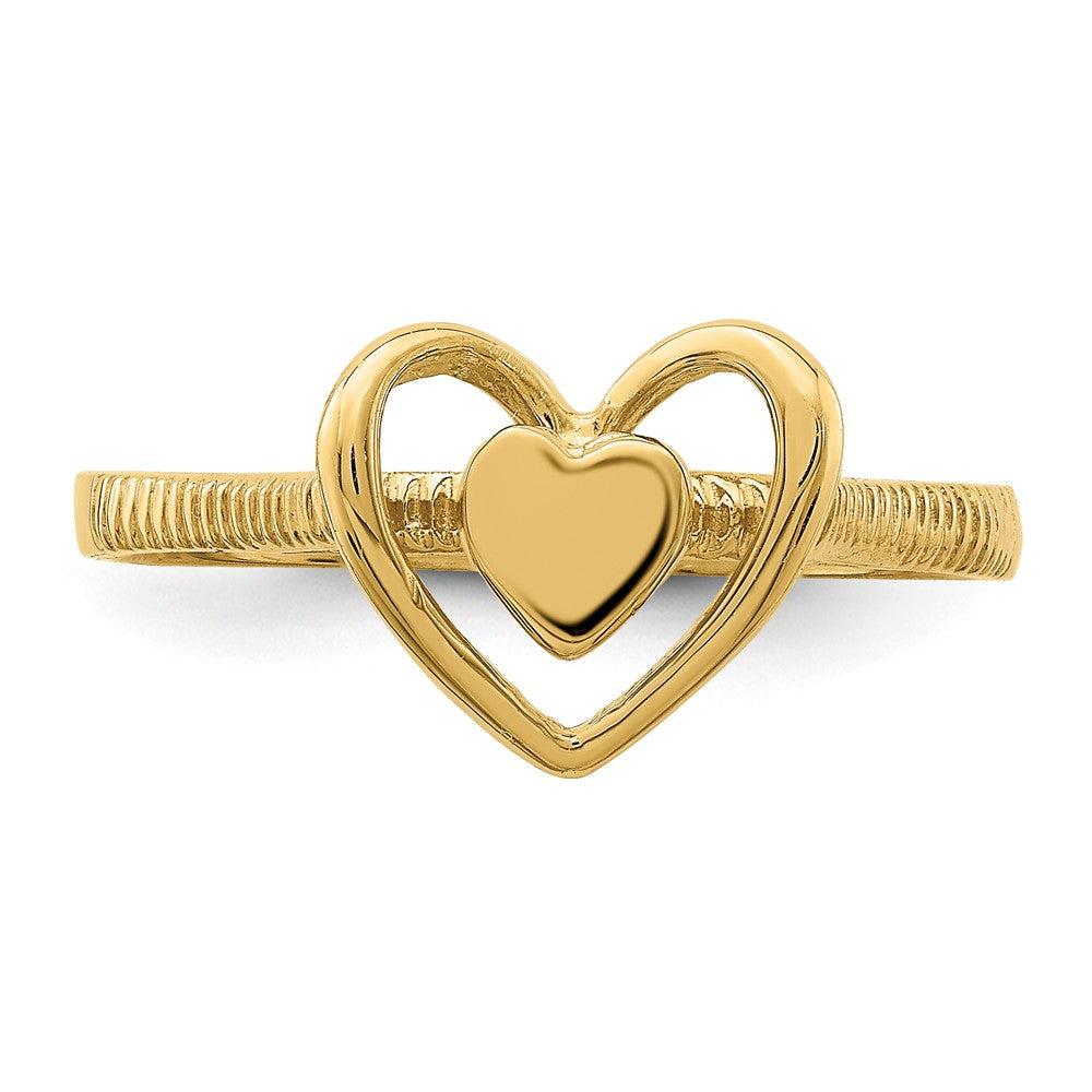 14K Gold Polished Textured Heart w/ Heart Frame Ring