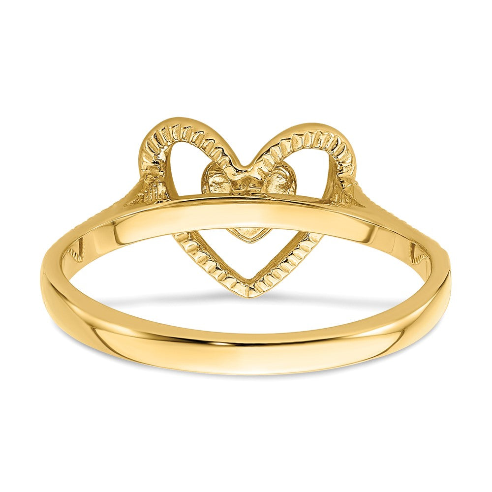 14K Gold Polished Textured Heart w/ Heart Frame Ring