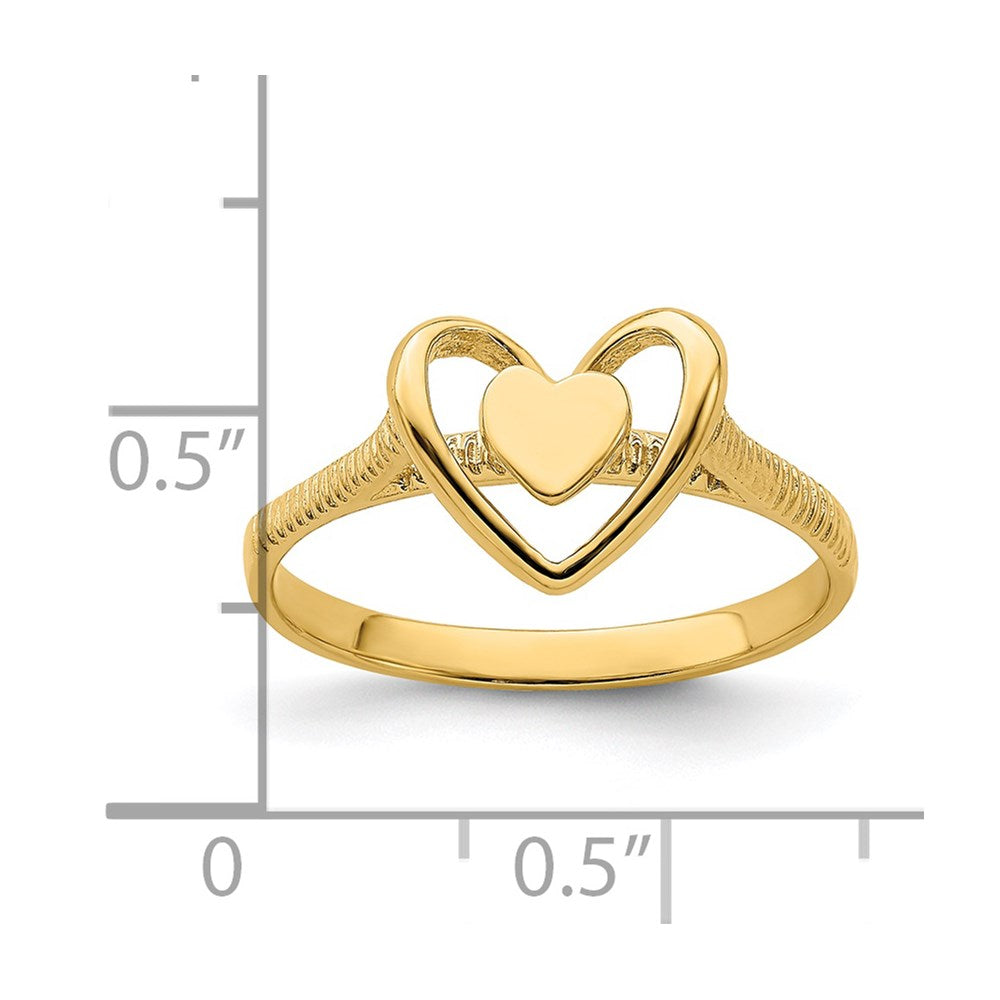 14K Gold Polished Textured Heart w/ Heart Frame Ring