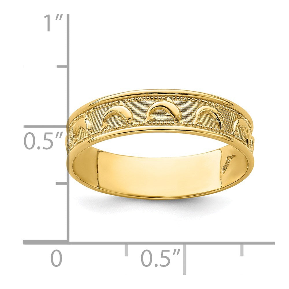 14K Yellow Gold Polished and Textured Dolphin Engraved Thumb Ring