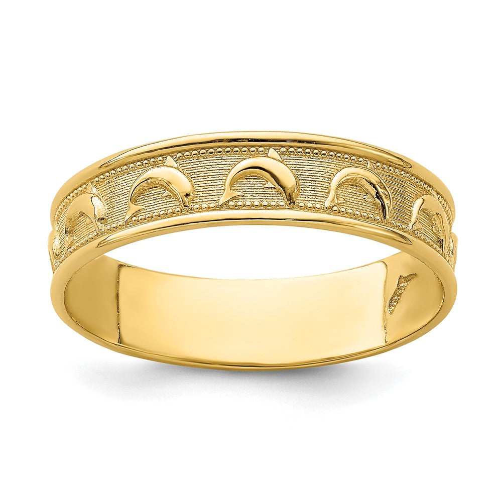 14K Yellow Gold Polished and Textured Dolphin Engraved Thumb Ring