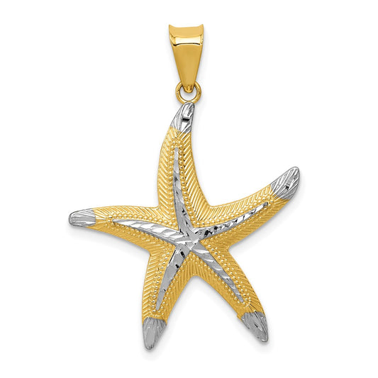 14k Yellow & Rhodium Gold and Rhodium Diamond-cut Polished Starfish Pendant