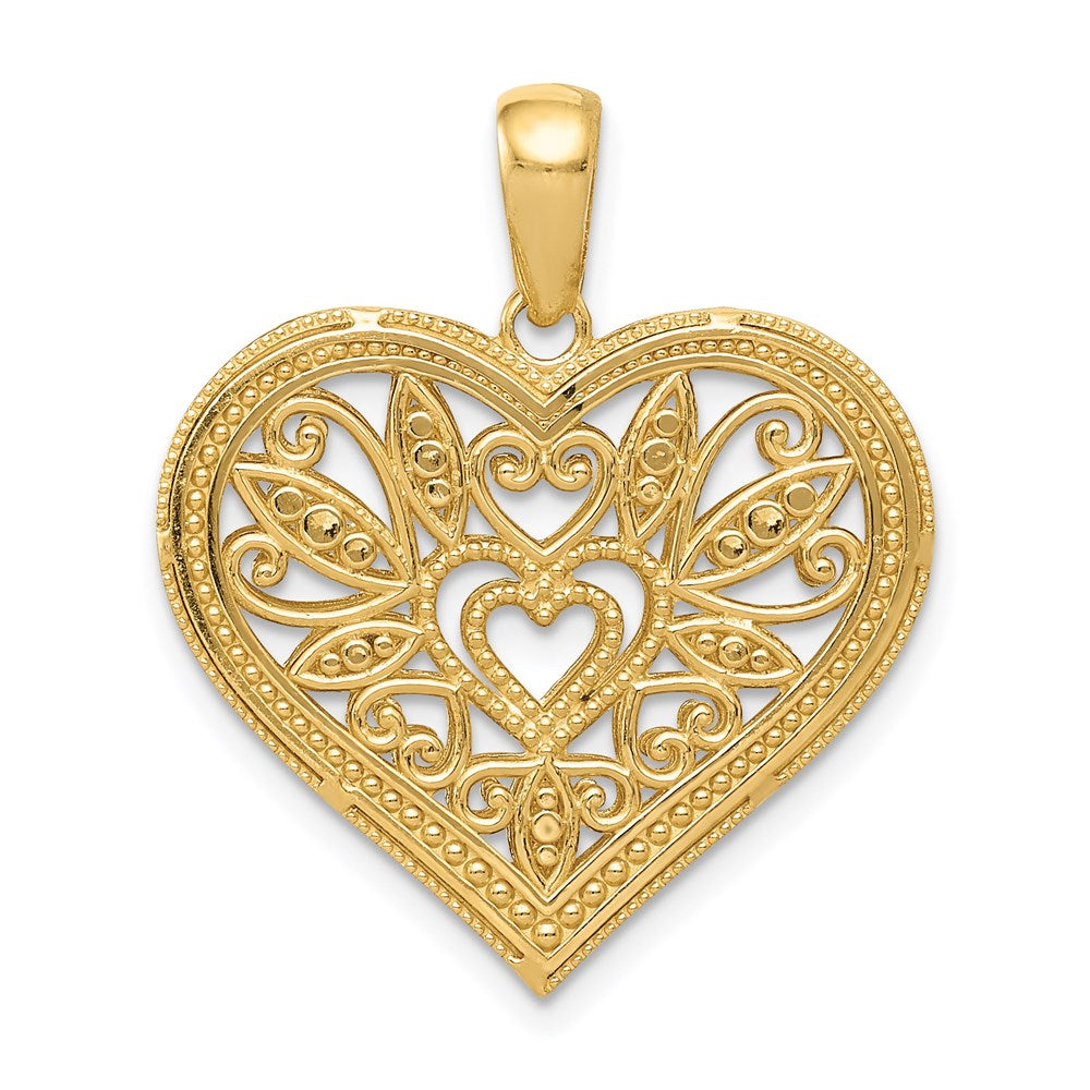 14k Yellow & Rhodium Gold w/Rhodium Polished Diamond-cut Filigree Heart Pendant