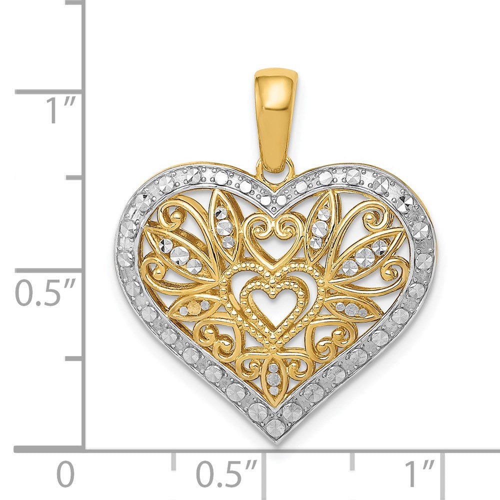 14k Yellow & Rhodium Gold w/Rhodium Polished Diamond-cut Filigree Heart Pendant