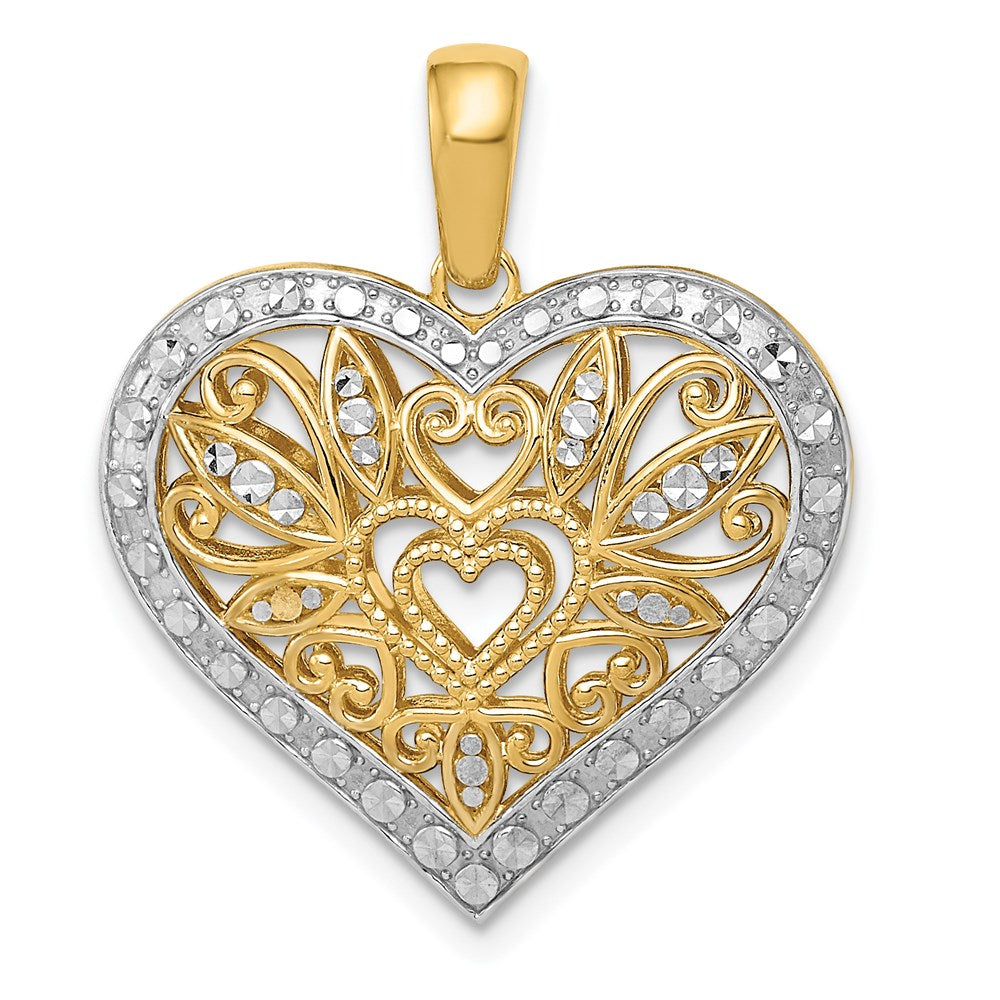 14k Yellow & Rhodium Gold w/Rhodium Polished Diamond-cut Filigree Heart Pendant