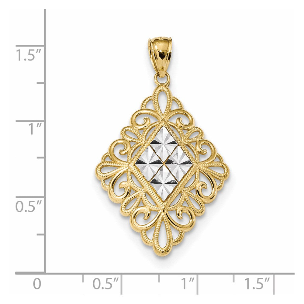 14k Yellow & Rhodium Gold w/Rhodium D/C Diamond Shape in Filigree Pendant