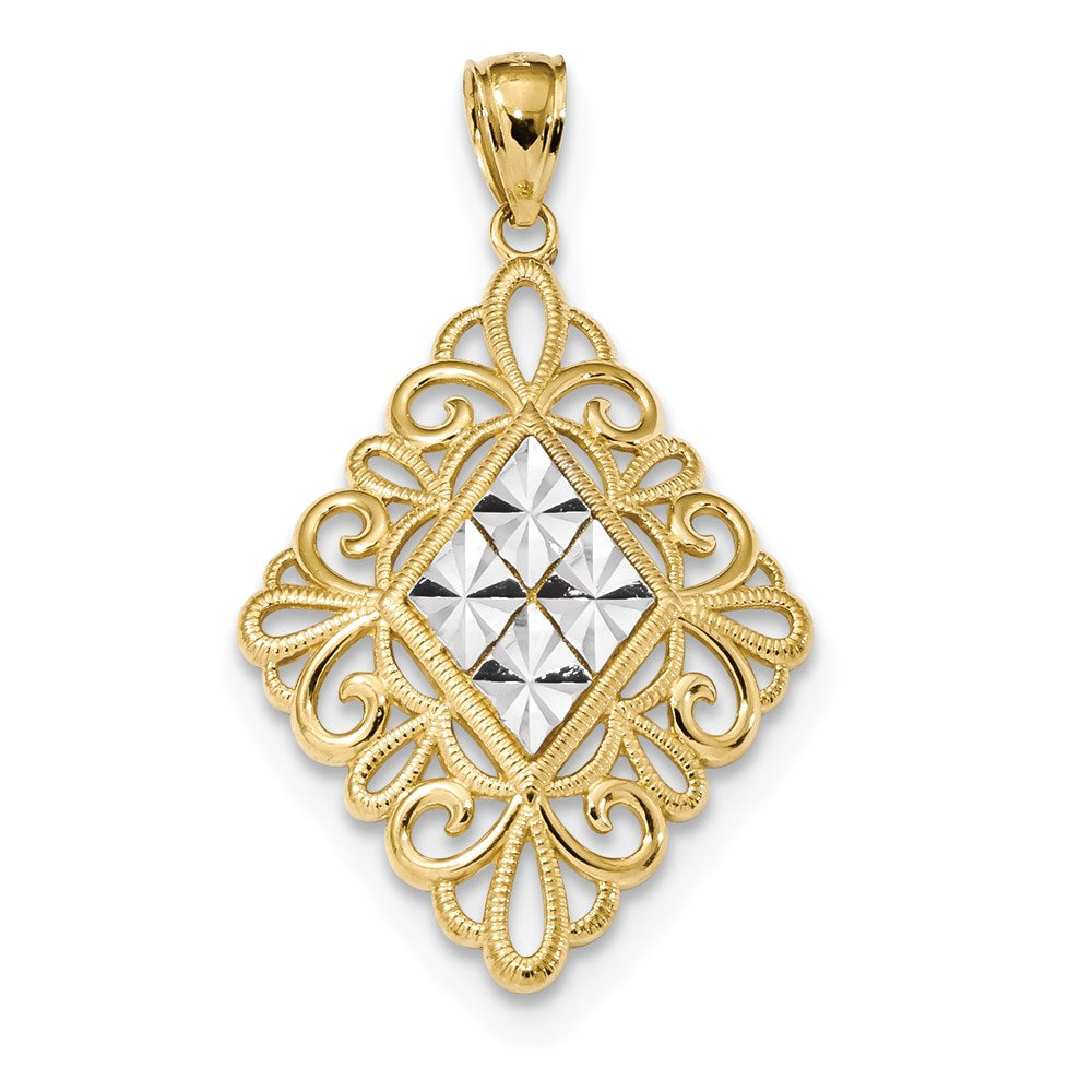 14k Yellow & Rhodium Gold w/Rhodium D/C Diamond Shape in Filigree Pendant