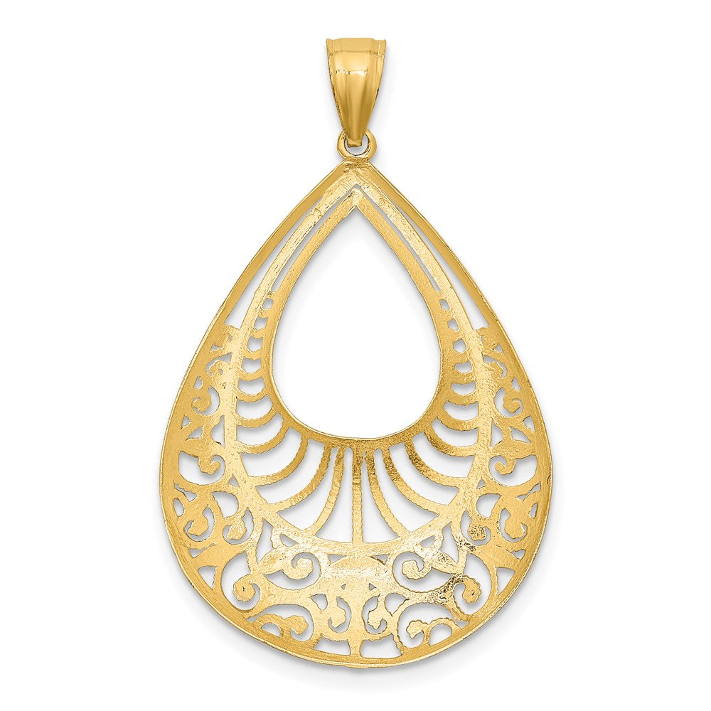 14k Yellow & Rhodium Gold w/Rhodium Diamond-cut Filigree Teardrop Pendant