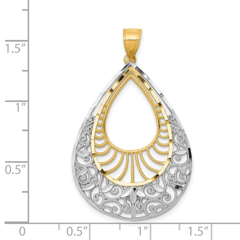 14k Yellow & Rhodium Gold w/Rhodium Diamond-cut Filigree Teardrop Pendant