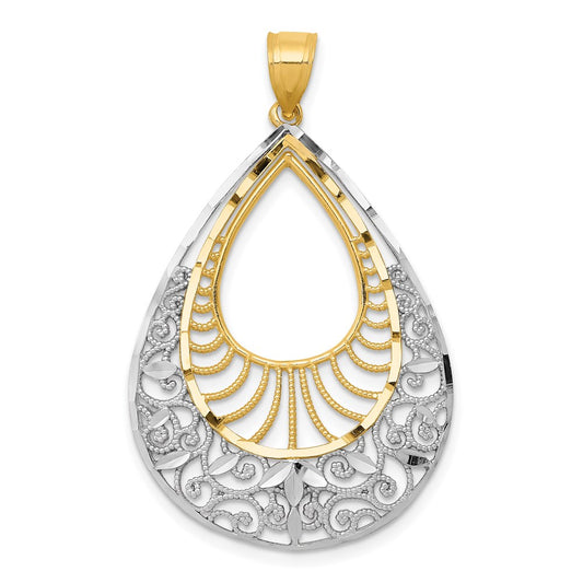 14k Yellow & Rhodium Gold w/Rhodium Diamond-cut Filigree Teardrop Pendant