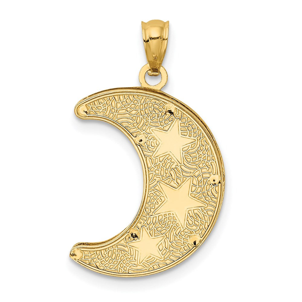 14k Yellow & Rhodium Gold w/Rhodium Diamond-cut 2-Level Stars in Moon Pendant