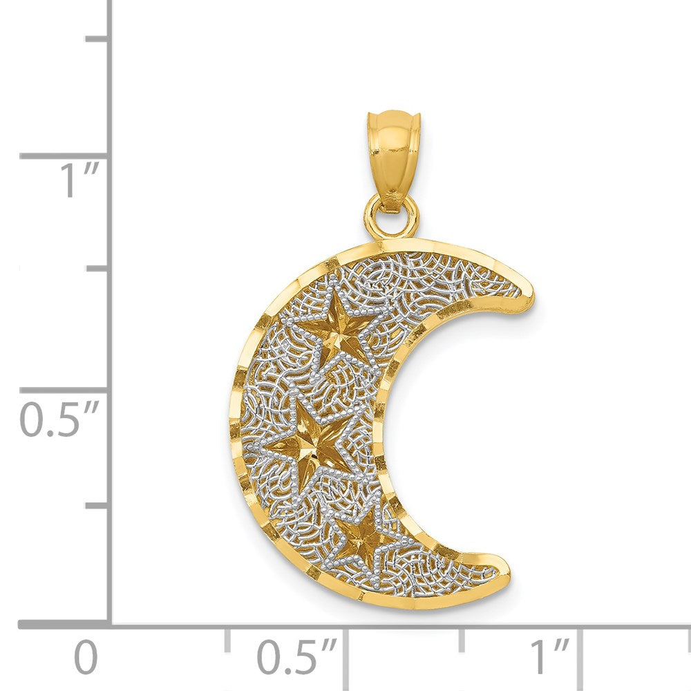 14k Yellow & Rhodium Gold w/Rhodium Diamond-cut 2-Level Stars in Moon Pendant