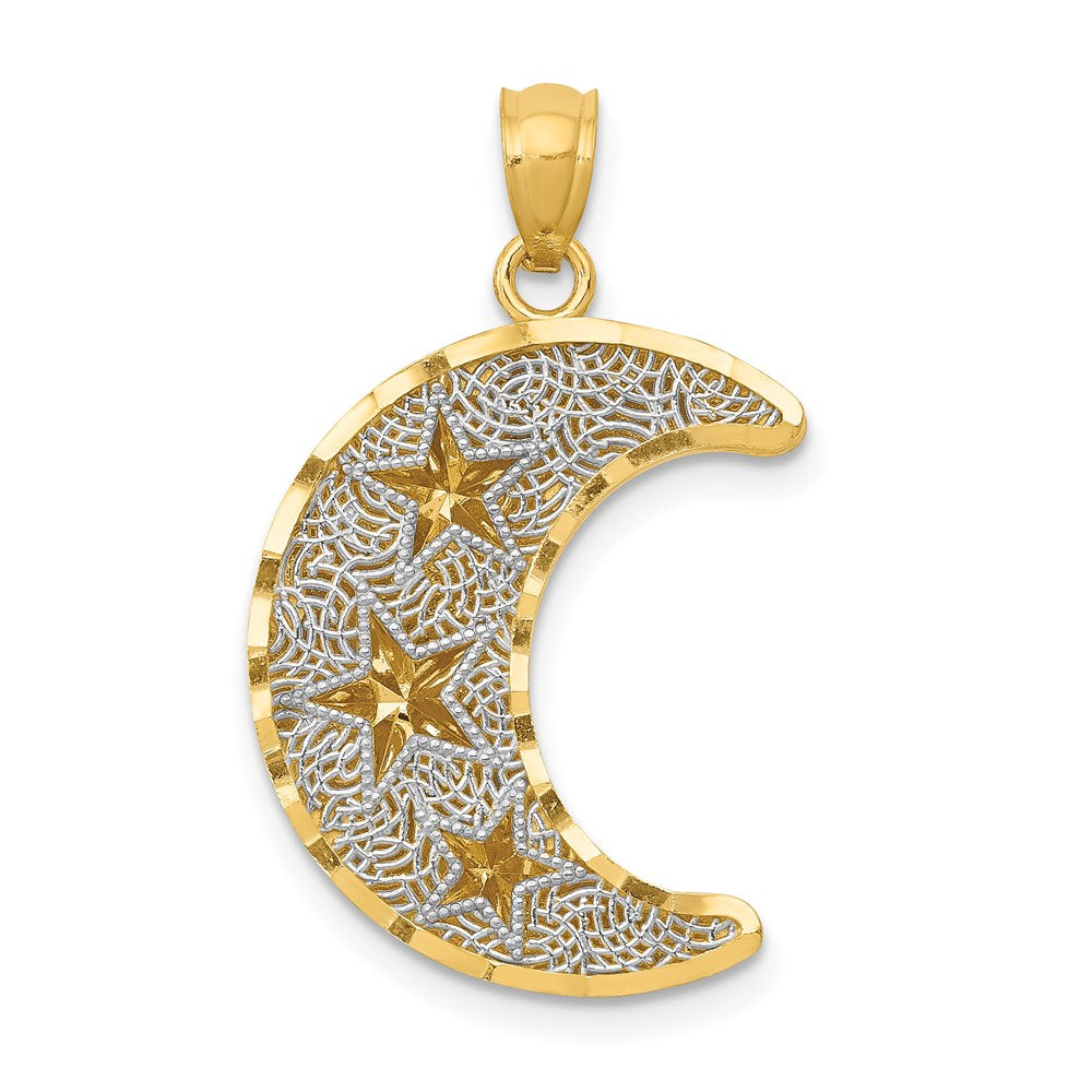 14k Yellow & Rhodium Gold w/Rhodium Diamond-cut 2-Level Stars in Moon Pendant