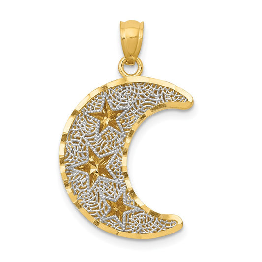 14k Yellow & Rhodium Gold w/Rhodium Diamond-cut 2-Level Stars in Moon Pendant