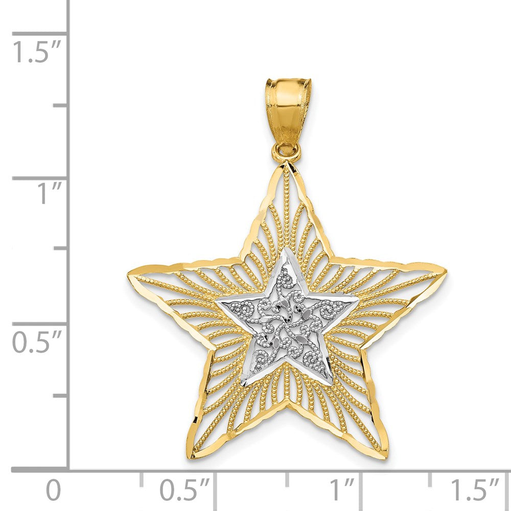 14k Yellow & Rhodium Gold w/Rhodium Diamond-cut Filigree Star Pendant