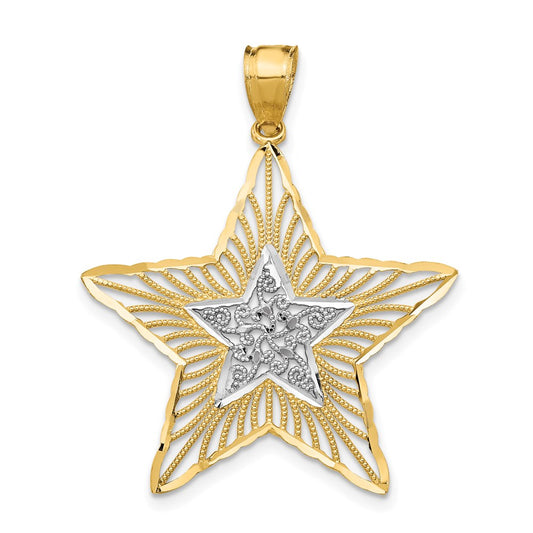 14k Yellow & Rhodium Gold w/Rhodium Diamond-cut Filigree Star Pendant