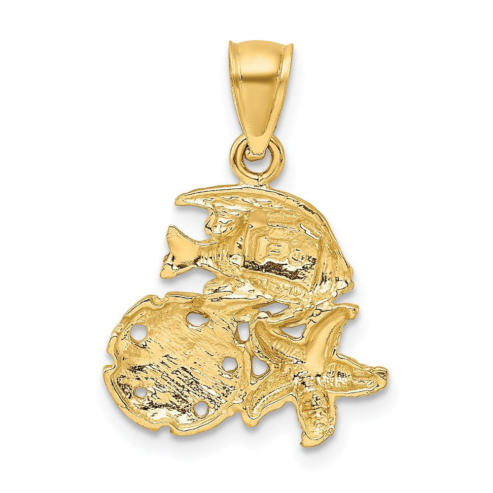 14k Yellow Gold Satin Diamond-cut Fish Starfish and Sand Dollar Pendant