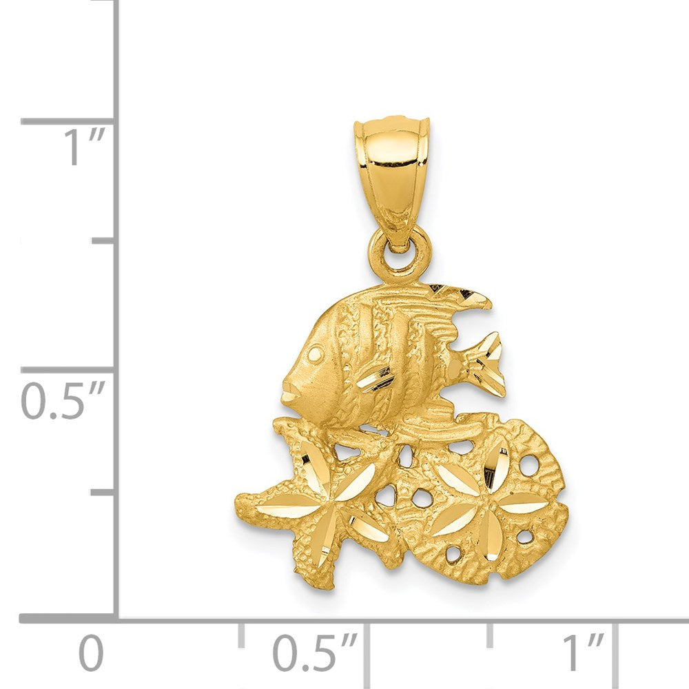 14k Yellow Gold Satin Diamond-cut Fish Starfish and Sand Dollar Pendant