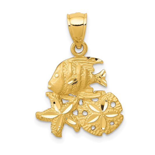 14k Yellow Gold Satin Diamond-cut Fish Starfish and Sand Dollar Pendant