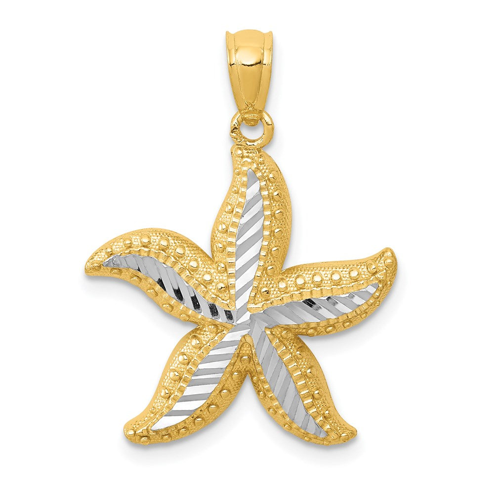 14k Yellow & Rhodium Gold with White Rhodium Diamond-cut Starfish Pendant