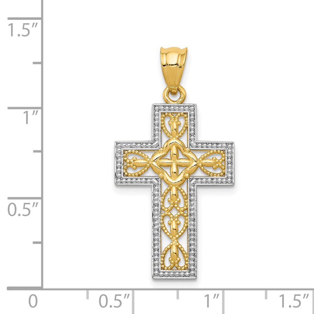 14k Yellow & Rhodium Gold w/White Rhodium Polished Filigree Cross Pendant