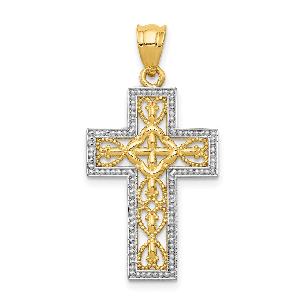 14k Yellow & Rhodium Gold w/White Rhodium Polished Filigree Cross Pendant