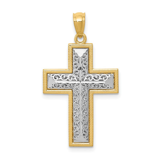 14k Two-tone Gold Polished Filigree Cross Pendant