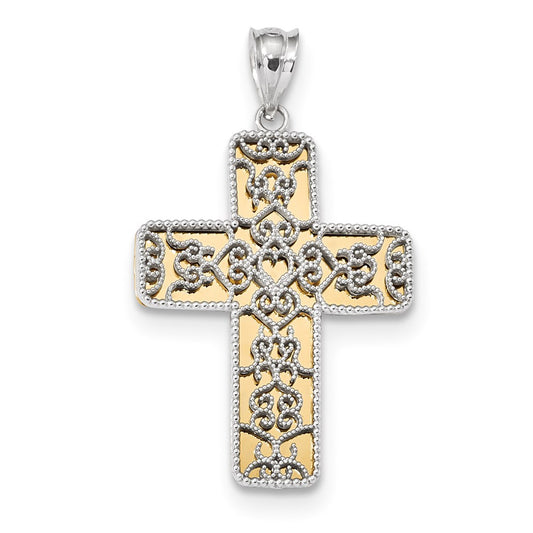 14k Two-tone Gold Polished Filigree Cross Pendant