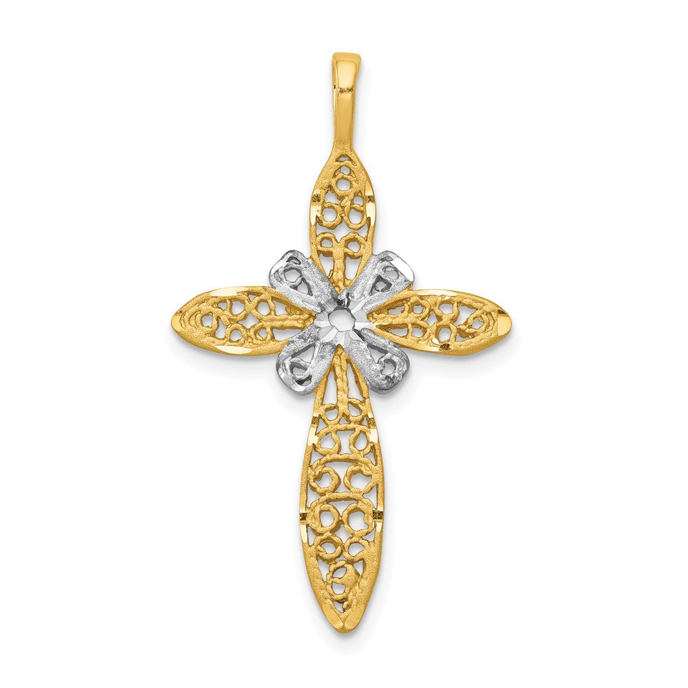 14k Yellow & Rhodium Gold w/White Rhodium Polished Filigree Cross Pendant