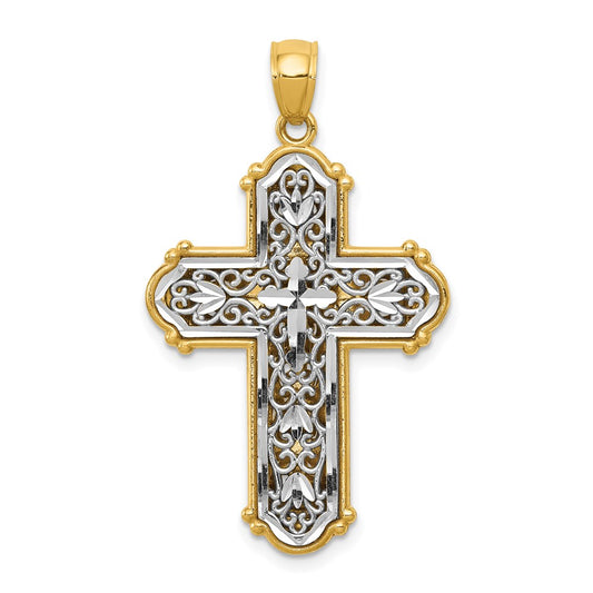 14k Yellow & Rhodium Gold w/Rhodium Reversible Diamond-cut Filigree Cross Pendant