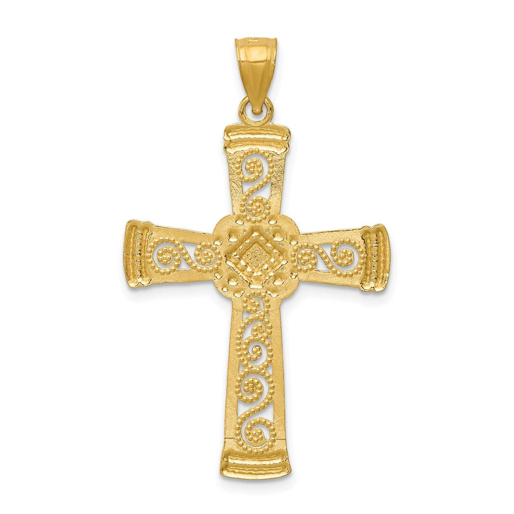 14k Yellow & Rhodium Gold w/Rhodium Diamond-cut Filigree Cross Pendant