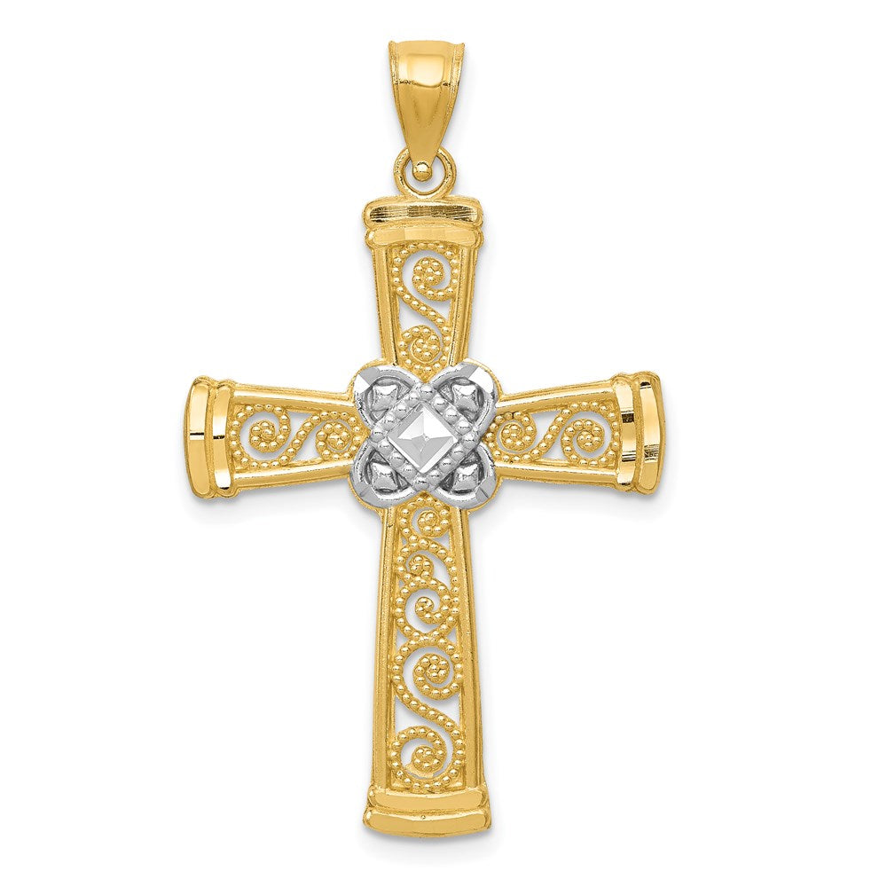 14k Yellow & Rhodium Gold w/Rhodium Diamond-cut Filigree Cross Pendant