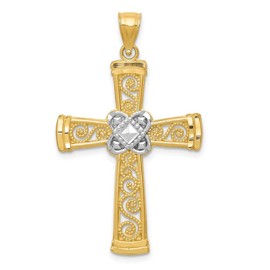 14k Yellow & Rhodium Gold w/Rhodium Diamond-cut Filigree Cross Pendant