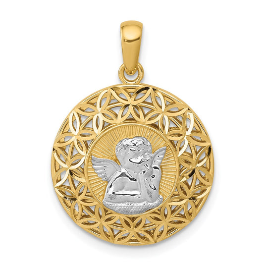 14k Yellow & Rhodium Gold w/Rhodium Polished Filigree Guardian Angel Pendant