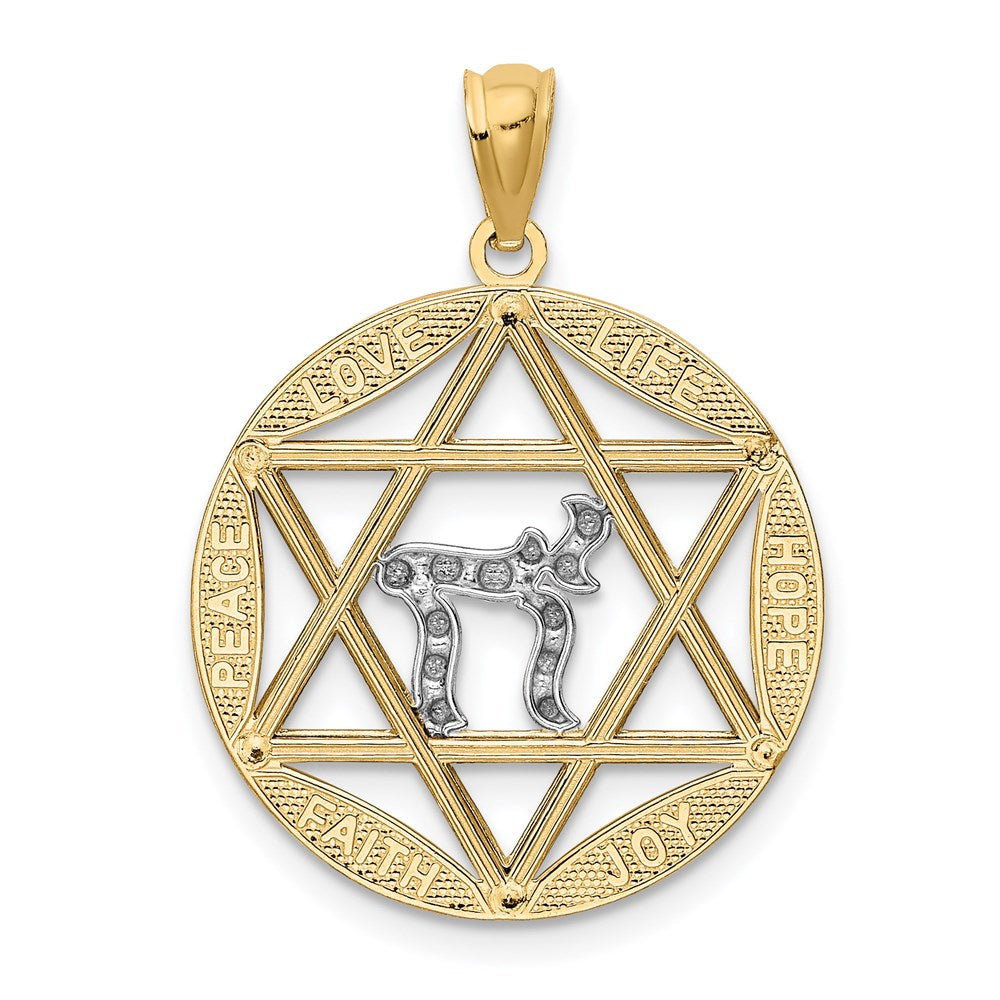 14k Yellow & Rhodium Gold w/Rhodium Star of David w/Chai D/C Circle Pendant