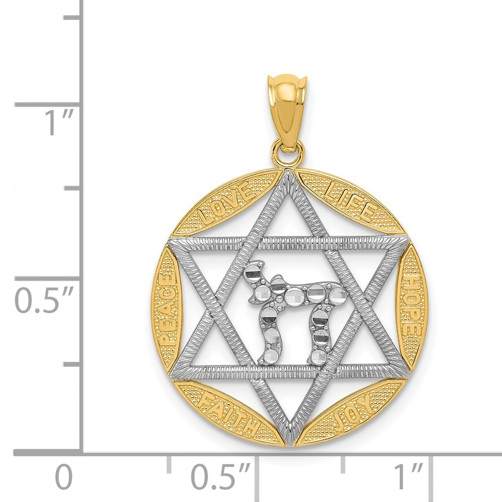 14k Yellow & Rhodium Gold w/Rhodium Star of David w/Chai D/C Circle Pendant