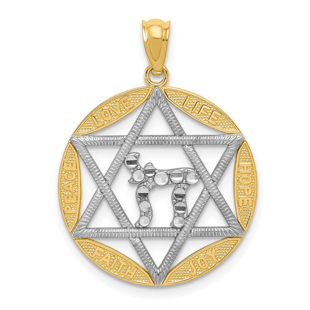 14k Yellow & Rhodium Gold w/Rhodium Star of David w/Chai D/C Circle Pendant