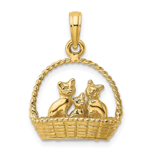 14k Yellow Gold 3-D Cats Inside Of Basket Charm