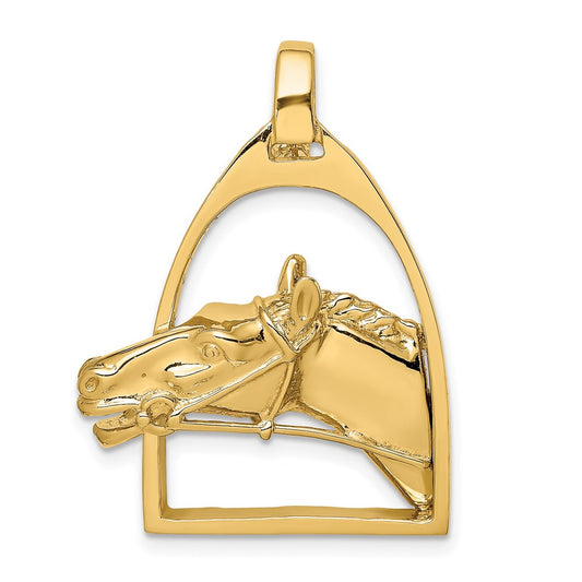 14k Yellow Gold Polished Horse Head in Stirrup Charm