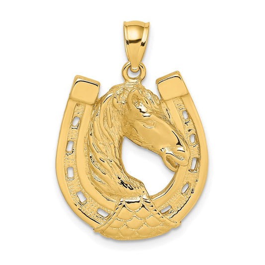 14k Yellow Gold Polished and Engraved Horse Head In Shoe Charm