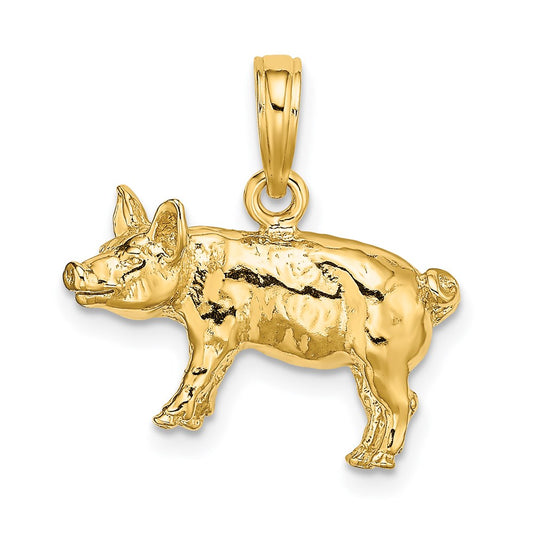 14k Yellow Gold 3-D Textured Farm Pig Charm