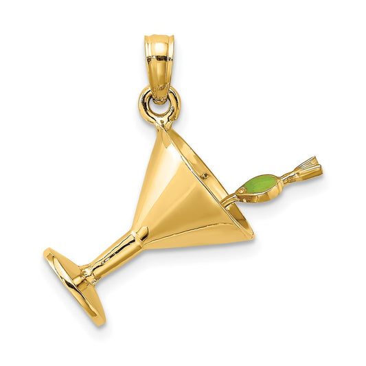 14k Yellow Gold 3-D Martini w/Olive Charm